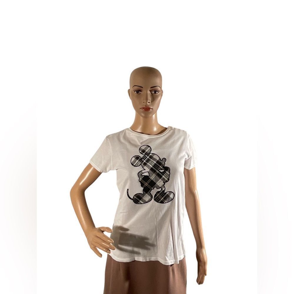 H&M L.O.G.G. Mickey Mouse Outline Plaid  Women's White Black T-Shirt Size XS